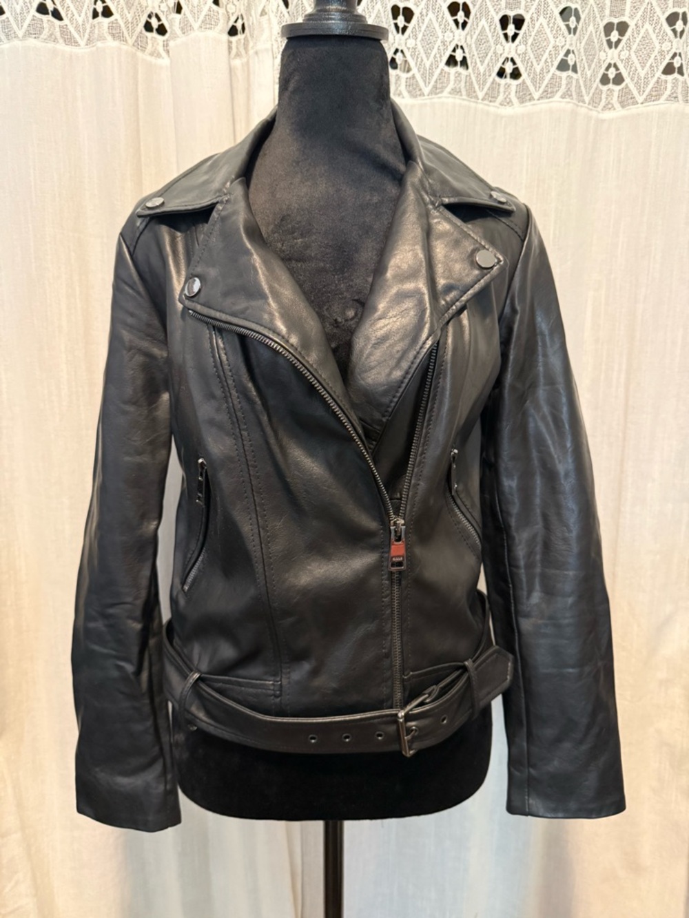 Elodie Black Faux Leather Moto Jacket with Belt